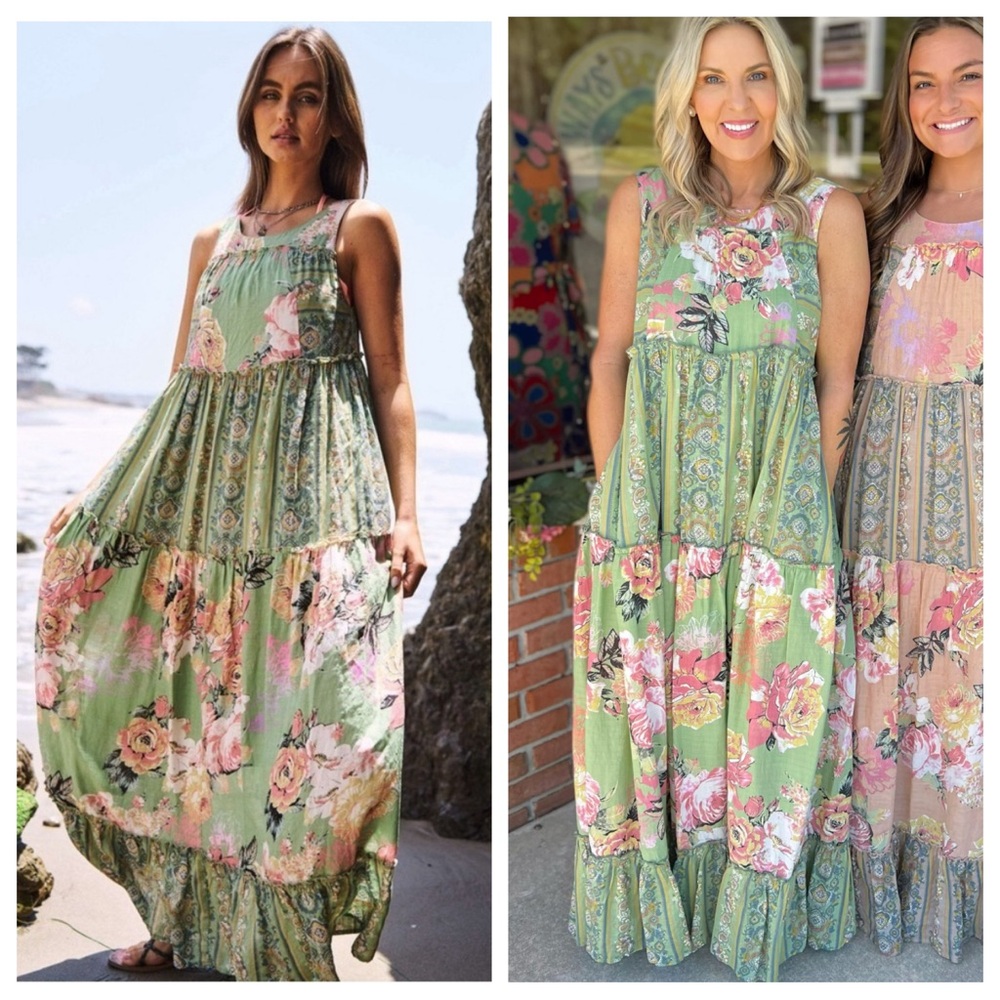 NWT Davi & Dani Vintage Print Tiered Maxi Dress Sage Green Medium Floral - Picture 5 of 16